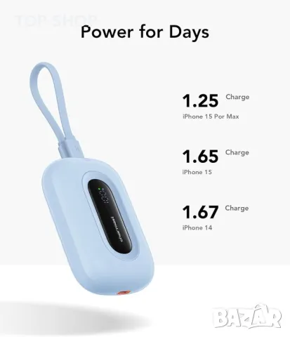 Charmast 10000mAh захранваща банка с вграден кабел, 20W PD, 3 IN/OUT LED дисплей, синя, снимка 6 - Външни батерии - 49804707