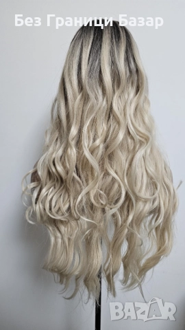 Нова омбре синтетична Дълга руса вълнообразна перука тъмни корени 66см, снимка 2 - Аксесоари за коса - 51584402