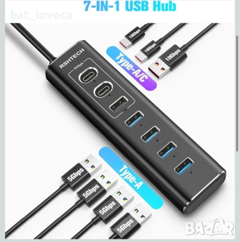RSHTECH RSH-A107C Активен USB C 3.2 хъб със захранване, 3 x 10Gbps порта (2 Type-C, 1 Type-A), 4 x 5, снимка 3 - Кабели и адаптери - 53938064