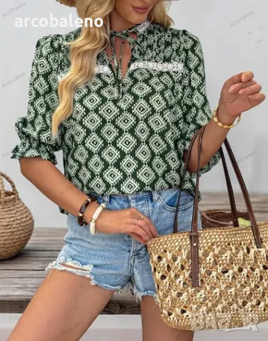 Модна дамска риза с къс ръкав и геометричен принт, снимка 3 - Ризи - 50054677