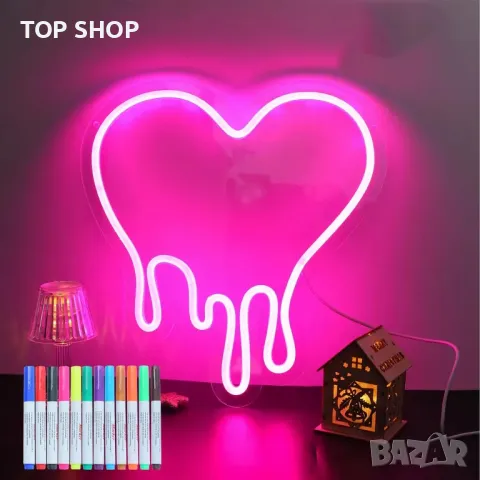 Неонов знак със сърце, розов LED знак със сърце, USB, димируем, с 12 цветни маркера