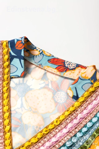 Дамска къса рокля с флорален принт, V-образно деколте и плетени детайли, снимка 16 - Рокли - 53081867