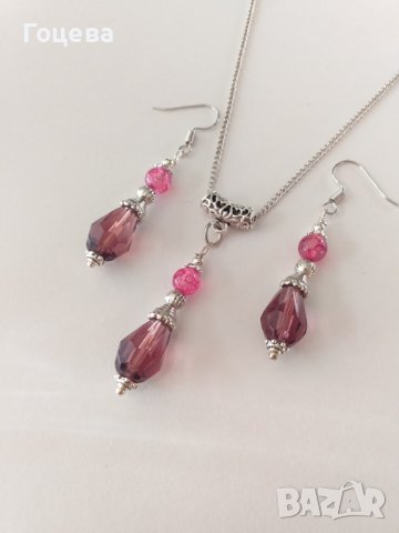 Красив комплект бижута обеци и колие с кристали бордо и Ахат Драконови вени, снимка 3 - Бижутерийни комплекти - 38492881