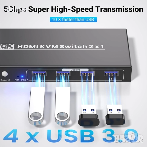 HDMI KVM превключвател 1 монитор 2 компютъра, 8K60Hz 4K120Hz USB 3.0, снимка 4 - Кабели и адаптери - 51453164