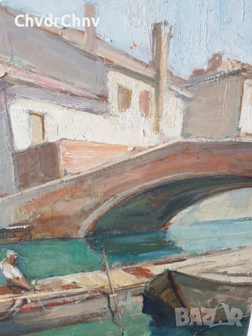 Knut Norman 72х60см/стара голяма шведска картина масло върху фазер/Венеция-мост-лодка/дървена рамка, снимка 5 - Картини - 52075987