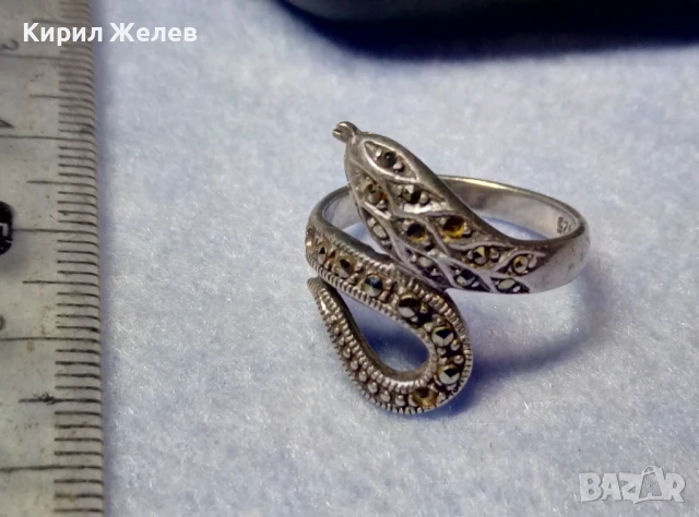 ЗМИЕВИДЕН МАРКОВ МАРКАЗИТЕН СРЕБЪРЕН ПРЪСТЕН СРЕБРО 925 с БЛЕСТЯЩИ ФАСЕТИРАНИ МАРКАЗИТИ 47472, снимка 7 - Пръстени - 50489040