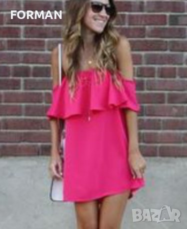 Къса рокля с къдрички в наситено розов цвят, снимка 1 - Рокли - 40650147