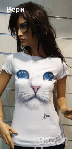Страхотна нова дамска бяла тениска с 3D принт Котка със сини очи, снимка 10 - Тениски - 29126635