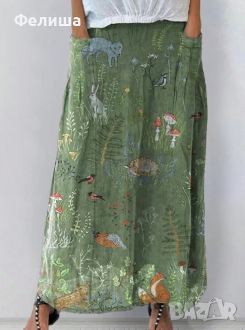 Пленително Касива Дълга Пола - Приказен Горски Свят с Червени Гъби и Животинки, снимка 7 - Поли - 50492317