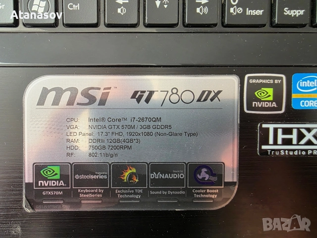 Лаптоп MSI GT 780 DX за  лентов кабел или части., снимка 4 - Части за лаптопи - 52789174