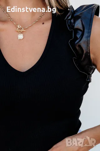 Разпродажба! Дамско елегантно боди в черно с къси кожени ръкави, снимка 7 - Други - 50065620