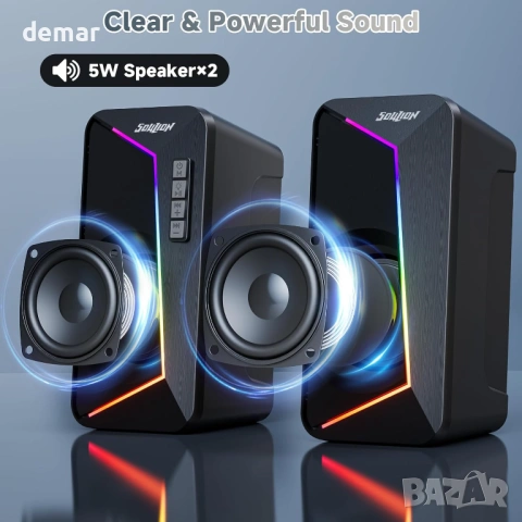 SOULION компютърни високоговорители, USB C/USB захранвани, цветна LED светлина, стерео 2.0, снимка 2 - Слушалки и портативни колонки - 54107409