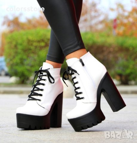 Боти на ток - бяла кожа с черно ходило - 591, снимка 3 - Дамски боти - 34995965