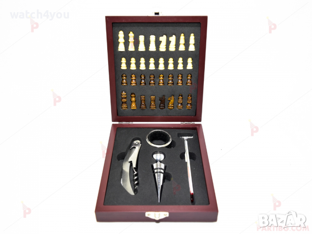 НОВ КОМПЛЕКТ АКСЕСОАРИ ЗА ВИНО В ЛУКСОЗНА ДЪРВЕНА КУТИЯ. СЕТ ЗА ВИНО ШАХ. ШАХМАТНА ДЪСКА 2V1, снимка 3 - Други - 36416097