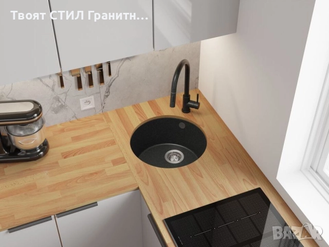 Графит кръгла кухненска мивка за вграждане под плот Валета 50 460x460 мм, снимка 3 - Мивки - 51918551
