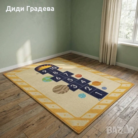 Детски килим за игра 120х160см - Жълт килим с планети и дама, противоплъзгащ и миещ се, снимка 7 - Други - 53882680