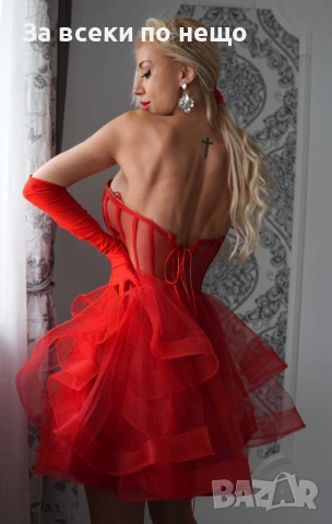 Червена Тюлена Къса Рокля Бюстие Без Презрамки С Обем Код Roni34, снимка 3 - Рокли - 54011686