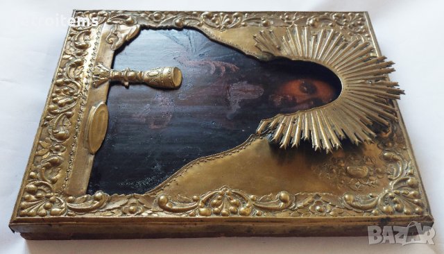 19 Век! Руска икона на Света Евхаристията в Бронзов Обков, снимка 5 - Антикварни и старинни предмети - 39707564
