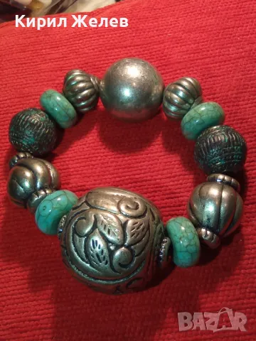 СТАРИНЕН ЕТНО АРТ СТИЛ ПОСРЕБРЕНА ТЮРКОАЗЕНА ХЕНД МЕЙД ГРИВНА 47317, снимка 5 - Гривни - 47219390