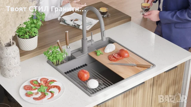 Сива кухненска мивка от гранит Ню Йорк 60 Multispace 580 x 530 мм, снимка 2 - Мивки - 50779679