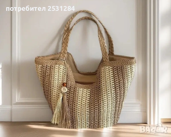Нова дамска лятна плетена чанта в цвят Каки, снимка 16 - Чанти - 50613612