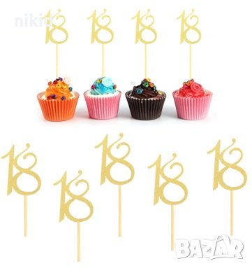 18 години заоблен малък златист брокатен топер украса декор за торта мъфини рожден ден, снимка 2 - Други - 31212299