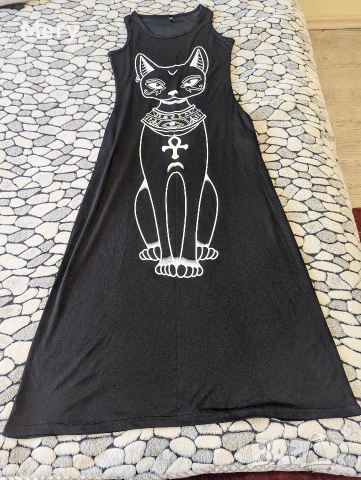 Лятна рокля с принт котка Бастет – бохо стил, снимка 2 - Рокли - 54263940
