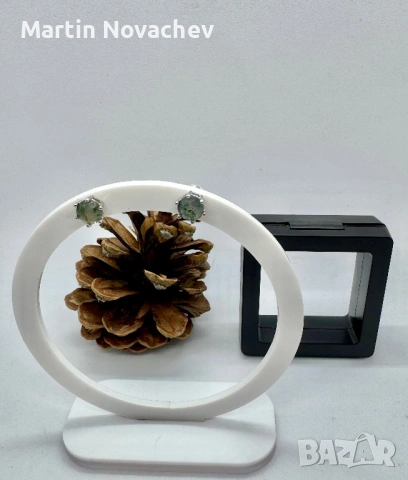 Сребърни обеци с естествен мъхов ахат 1.5 карата, снимка 2 - Обеци - 54090572