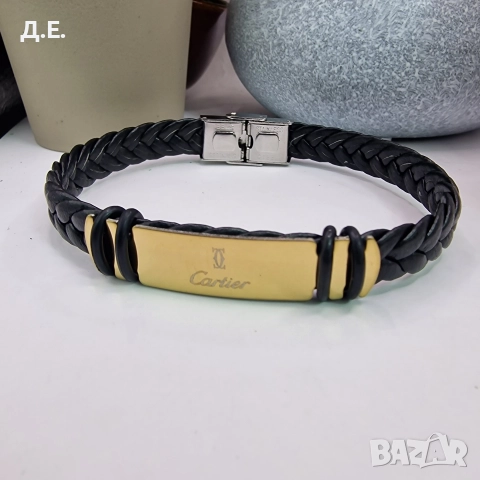 Мъжка кожена гривна Cartier от медицинска стомана с 18K позлата