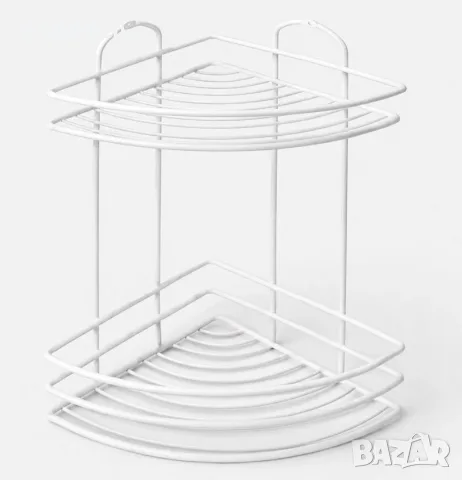 Ъглов рафт за баня в бял цвят с 2 нива и 2 куки 19x19x34.5 см
