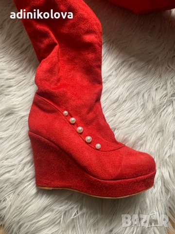 Червени велурени чизми, снимка 2 - Дамски ботуши - 38759700