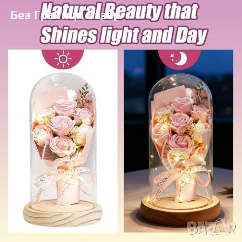 Нова Вечна роза с LED светлини в стъклен купол подаръчна кутия за жена, снимка 3 - Декорация за дома - 53928524