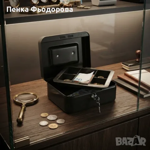 Метална касичка с ключ за пари и документи – преносим сейф с органайзер за монети 20 × 16 × 9 см