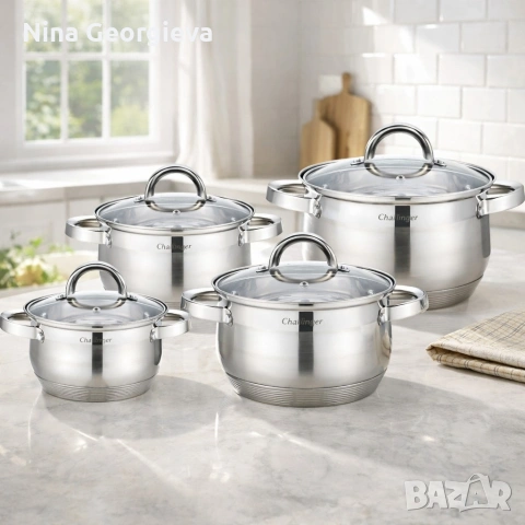 Комплект 4 тенджери от неръждаема стомана Cheffinger + ПОДАРЪК Ръчен чопър Cheffinger , снимка 2 - Съдове за готвене - 53887512