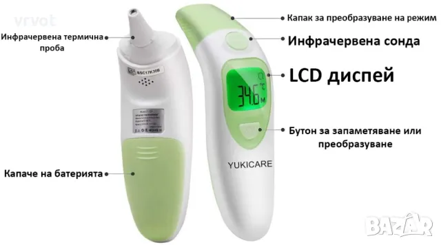 БЕЗКОНТАКТЕН ТЕРМОМЕТЪР YUKICARE IT-121, МОНОХРОМЕН ДИСПЛЕЙ, ПАМЕТ С ДО 20 СЕТА, ЗВУКОВА АЛАРМА