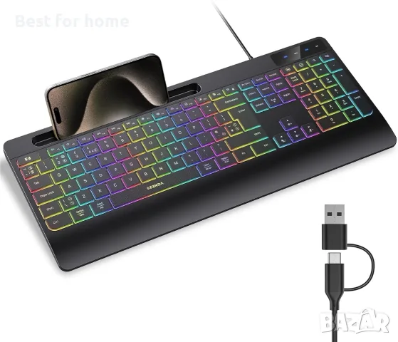 Жична тиха клавиатура Seenda KOE200 с RGB подсветка за лаптоп, черна