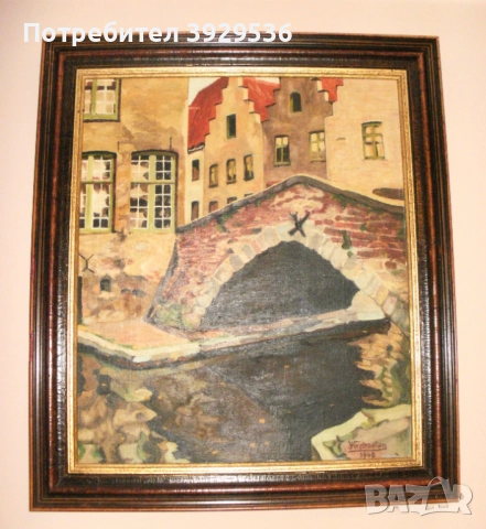 „Изглед към Брюж/ Мостът" в рамка, Белгия, Подпис: Jules Verstraeten, снимка 4 - Други ценни предмети - 52668728