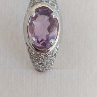 Руски златен  пръстен с естествен аметист и фианити, снимка 1 - Пръстени - 36751188
