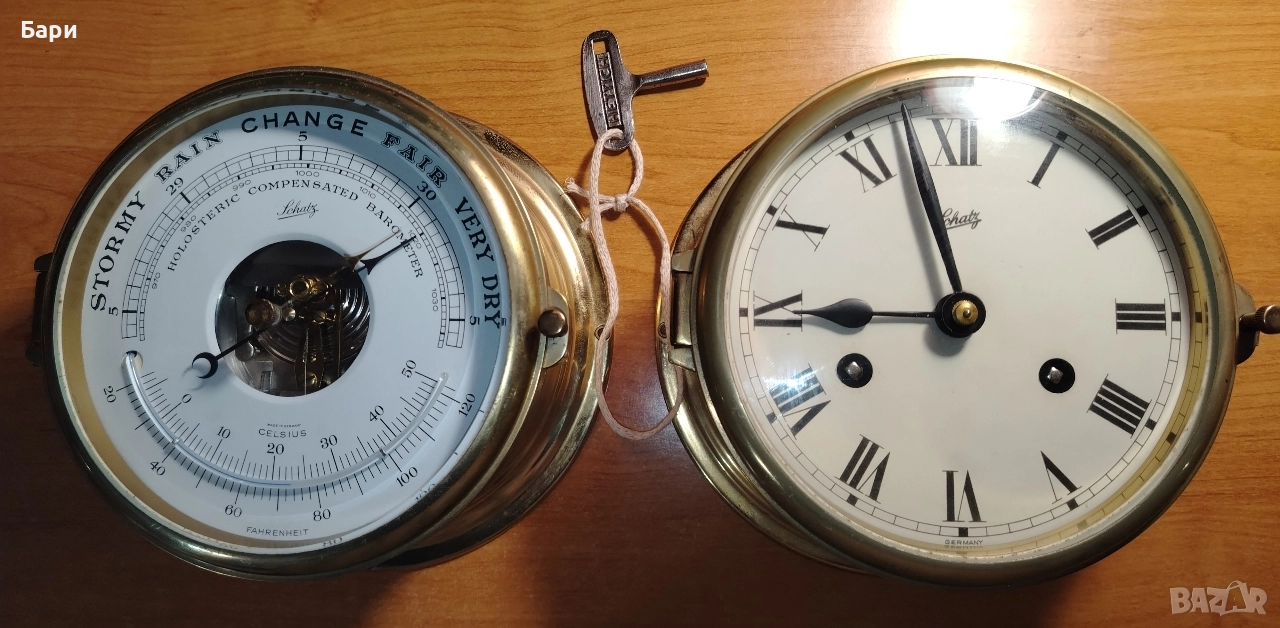 Месингов корабен часовник и барометър с термометър Schatz -Германия, снимка 1