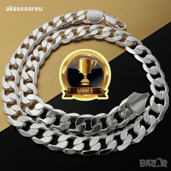 Посребрен сребърен масивен ланец 12 мм плетка панцер бижу верига мода синджир бижутерия Благородна т, снимка 1