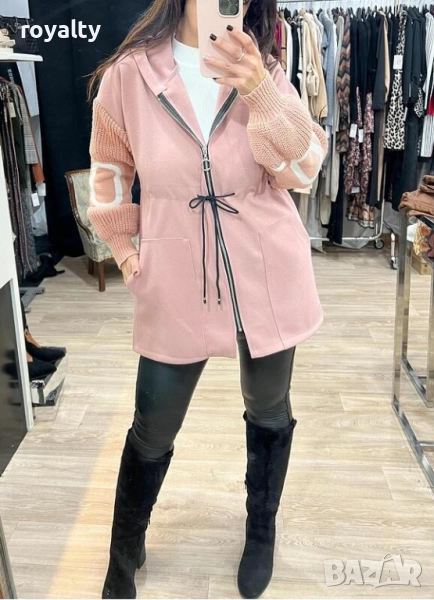 Дамско розово палто с плетен ръкав, снимка 1