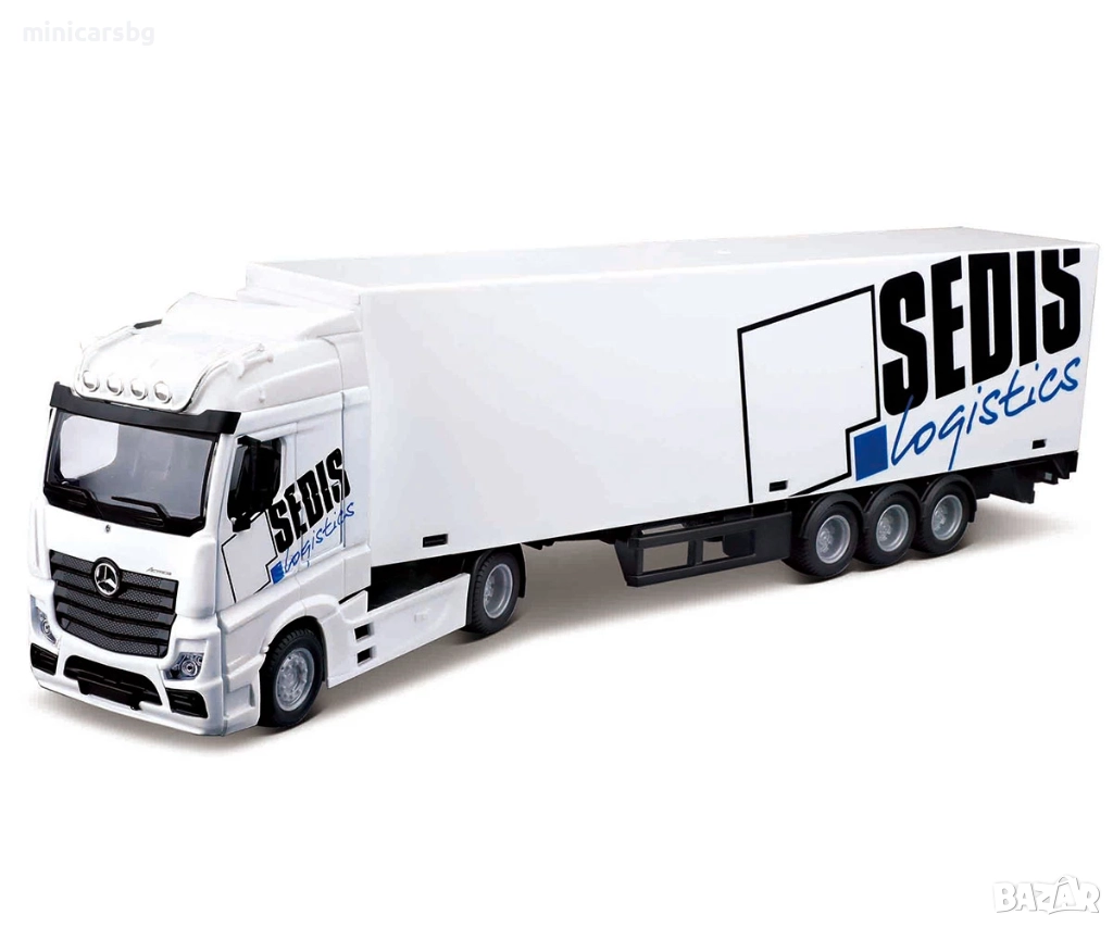 Bburago 1:43 Mercedes-Benz Actros SEDIS – камион с ремарке и мотокар (Street Fire Haulers Lift & Loa, снимка 1
