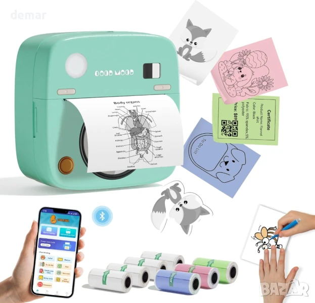 Принтер за стикери, Print Pod, мини преносим принтер с 8 ролки хартия, снимка 1