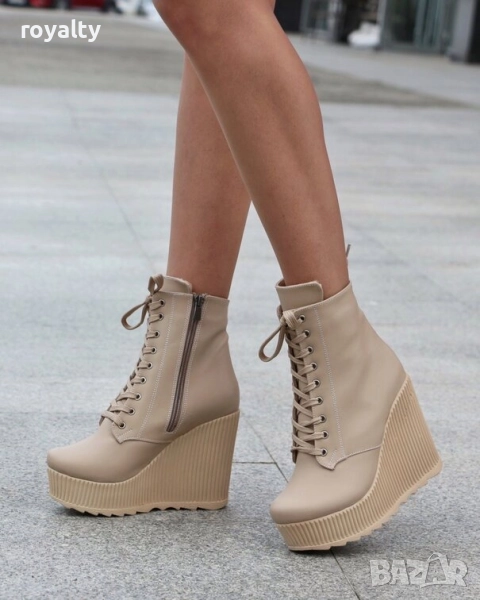 Боти на платформа - бежова кожа - NO6, снимка 1