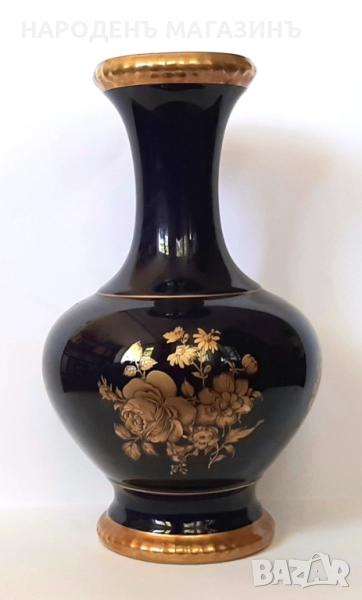 BAREUTHER - Немски порцелан много голяма ваза порцеланова кобалт златни цветя злато, снимка 1