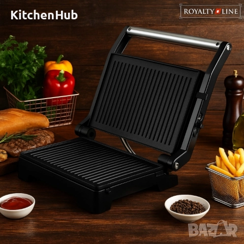 Тостер грил Royalty Line RL-PM1000 - Компактен грил и сандвич преса 2 в 1, снимка 2 - Скари - 52121519