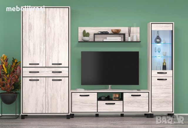 Модулна секция Евелин 1 - Дъб бланко/Антрацит - с LED осветление, гардероб и плавно затваряне