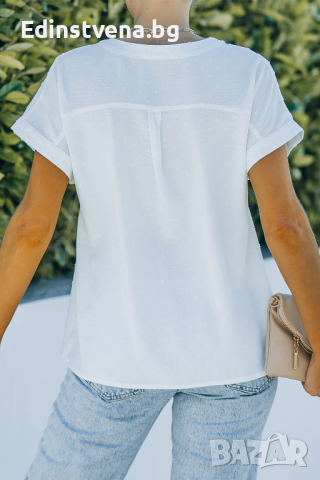 Дамска бяла риза с къс ръкав, принт на точки и бродерия, снимка 2 - Ризи - 44597550