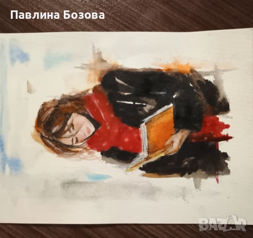 ,,В очакване ,,Миниатюра картина Акварел , снимка 3 - Картини - 52774600