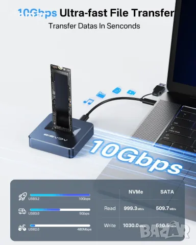 ACASIS NVME SSD адаптер, NVME към USB докинг станция, M.2 (M Key) NVMe SSD и (B+M Key) SATA-базиран, снимка 6 - Кабели и адаптери - 49525106